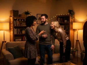 A couple and a woman meet